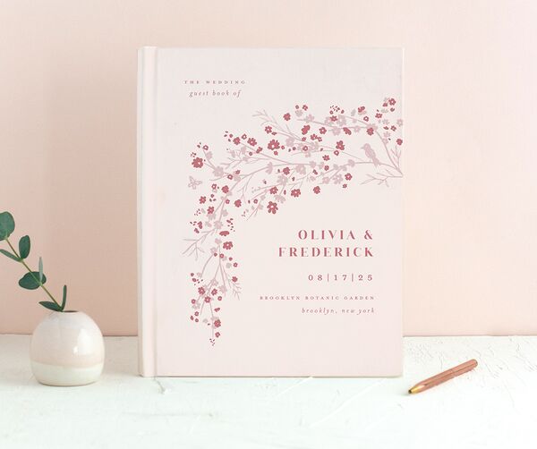 Cherry Blossoms Wedding Guest Book front in Pink