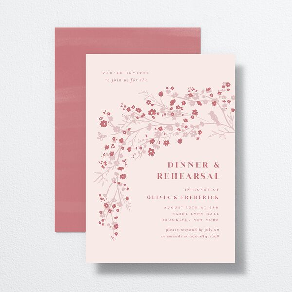 Cherry Blossoms Rehearsal Dinner Invitations front-and-back in Pink