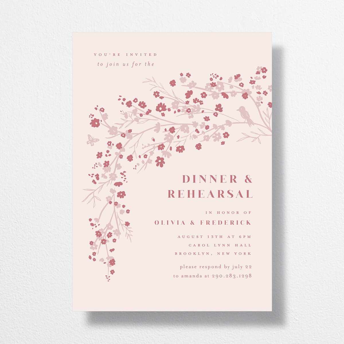 Cherry Blossoms Rehearsal Dinner Invitations front in Pink