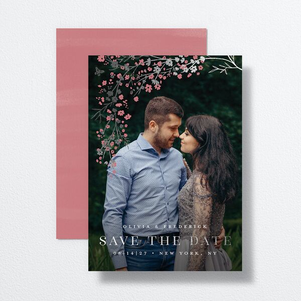 Cherry Blossoms Save The Date Cards front-and-back in Pink