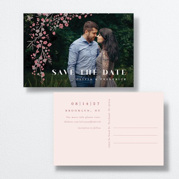 Cherry Blossoms Save The Date Postcards  front-and-back in Pink