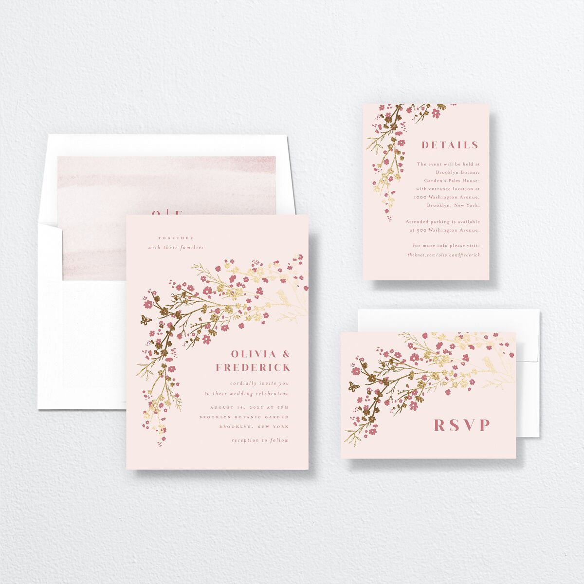 Cherry Blossoms Wedding Invitations Gold Soft Pink Signature No
