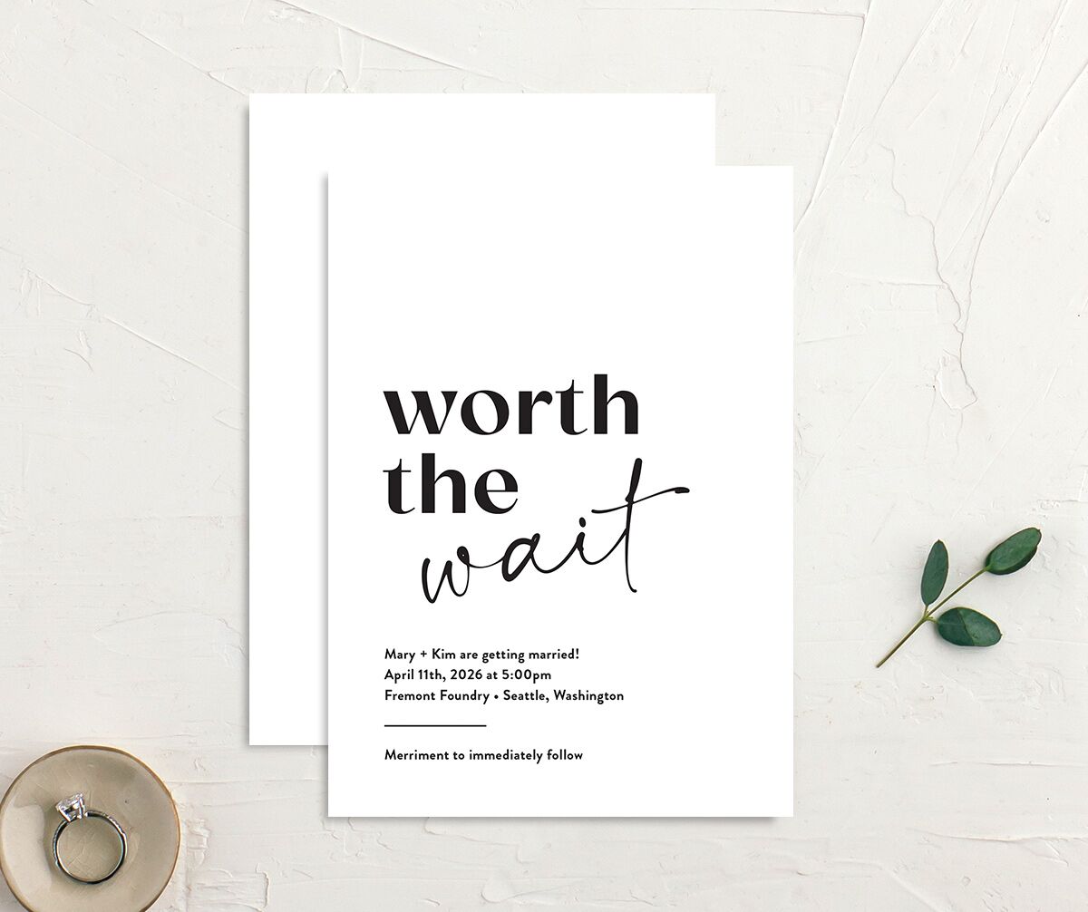 Worth the Wait Wedding Invitations front-and-back in White