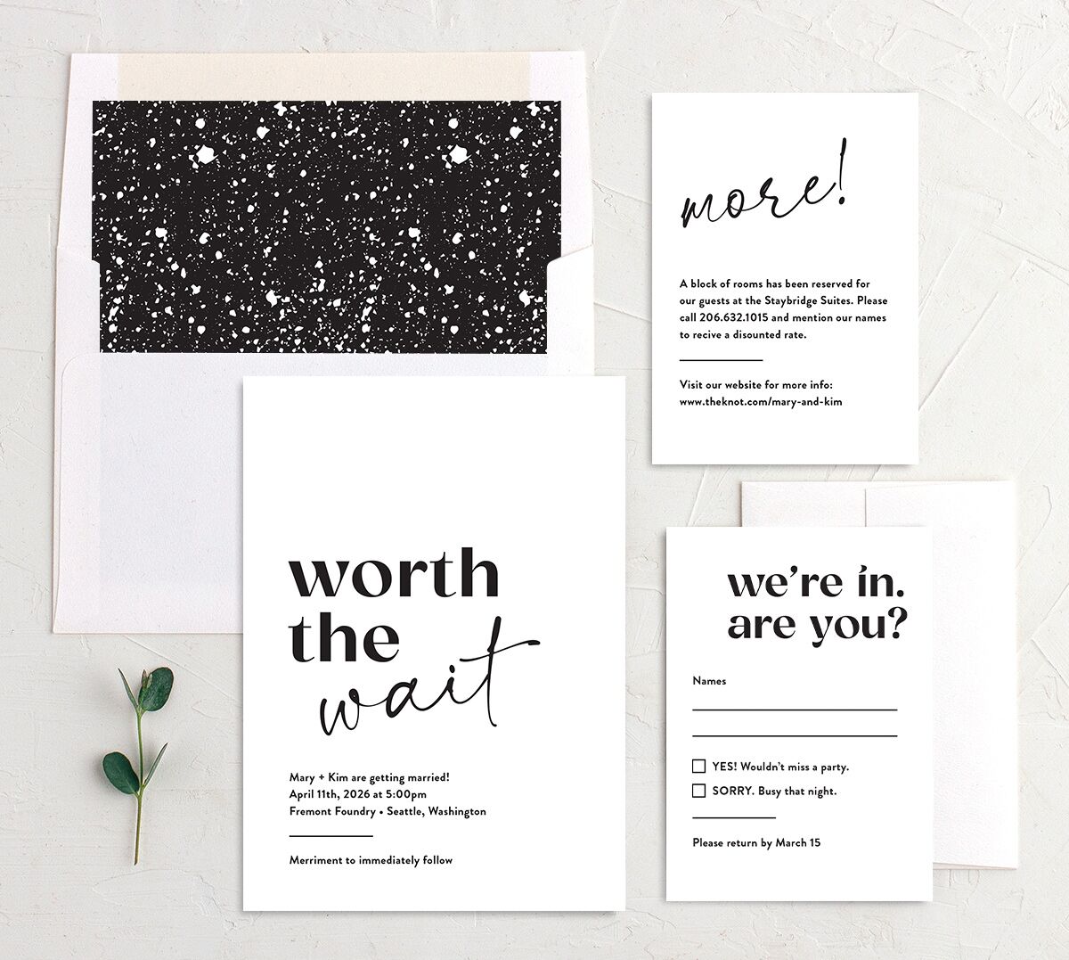 Worth the Wait Wedding Invitations suite in White