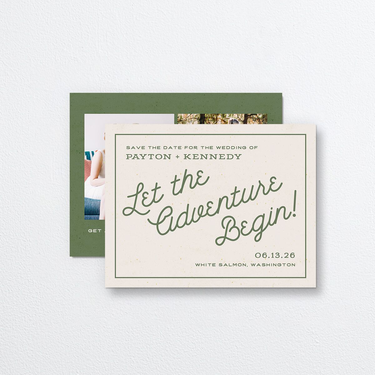 Happy Campers Save the Date Petite Cards front-and-back in Green