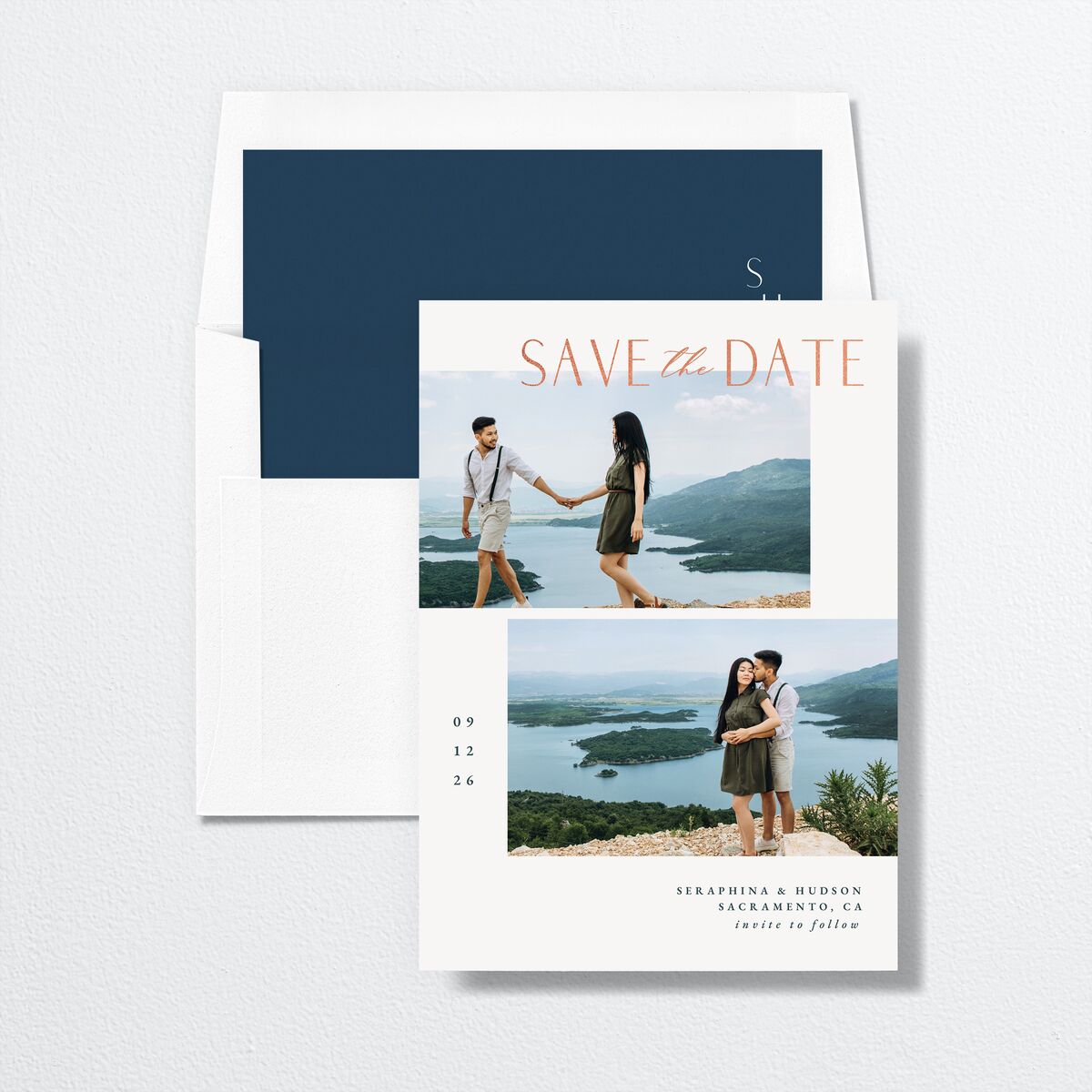 Cascading Florals Save The Date Cards Rose Gold Moody Blue Signature smooth No
