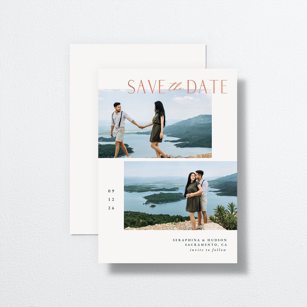 Cascading Florals Save The Date Cards Rose Gold Moody Blue Signature smooth No