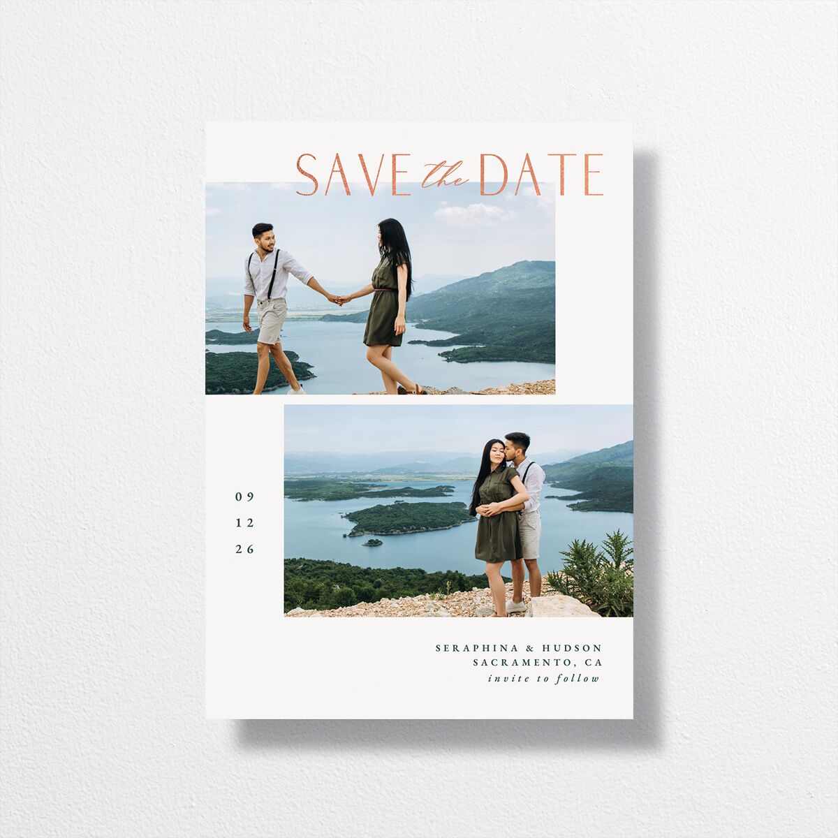 Cascading Florals Save The Date Cards Rose Gold Moody Blue Signature smooth No