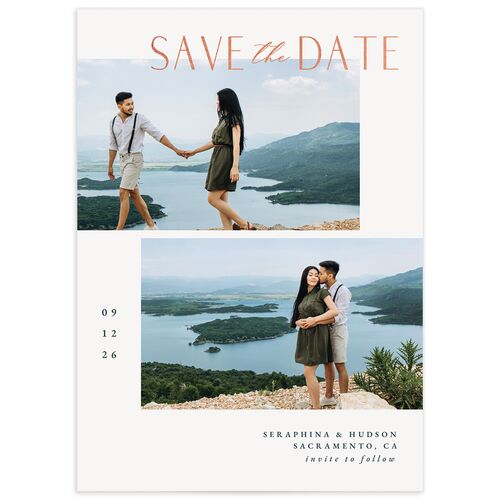 Cascading Florals Save The Date Cards Rose Gold Moody Blue Signature smooth No
