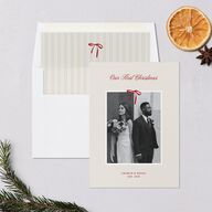 First Christmas Minimalist Bow Photo Holiday Cards Cream Signature Blank Standard Portrait