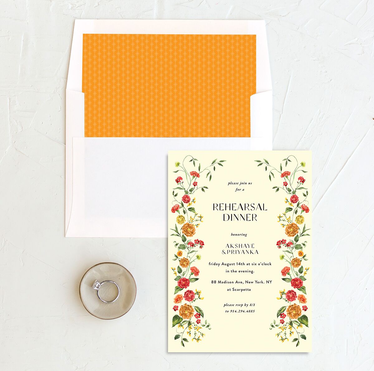 Ascending Garland Rehearsal Dinner Invitations envelope-and-liner in yellow
