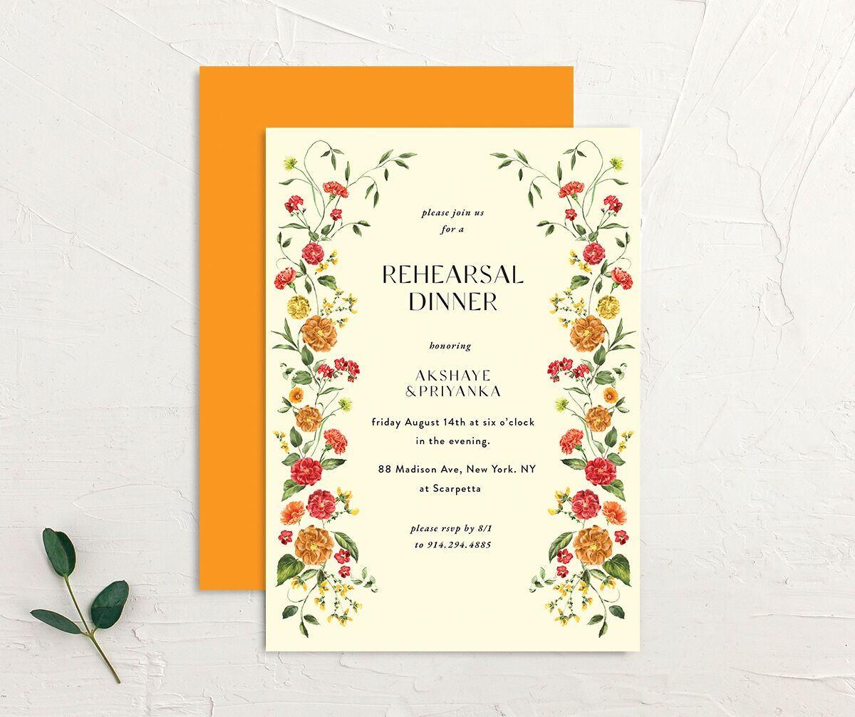 Ascending Garland Rehearsal Dinner Invitations front-and-back in yellow
