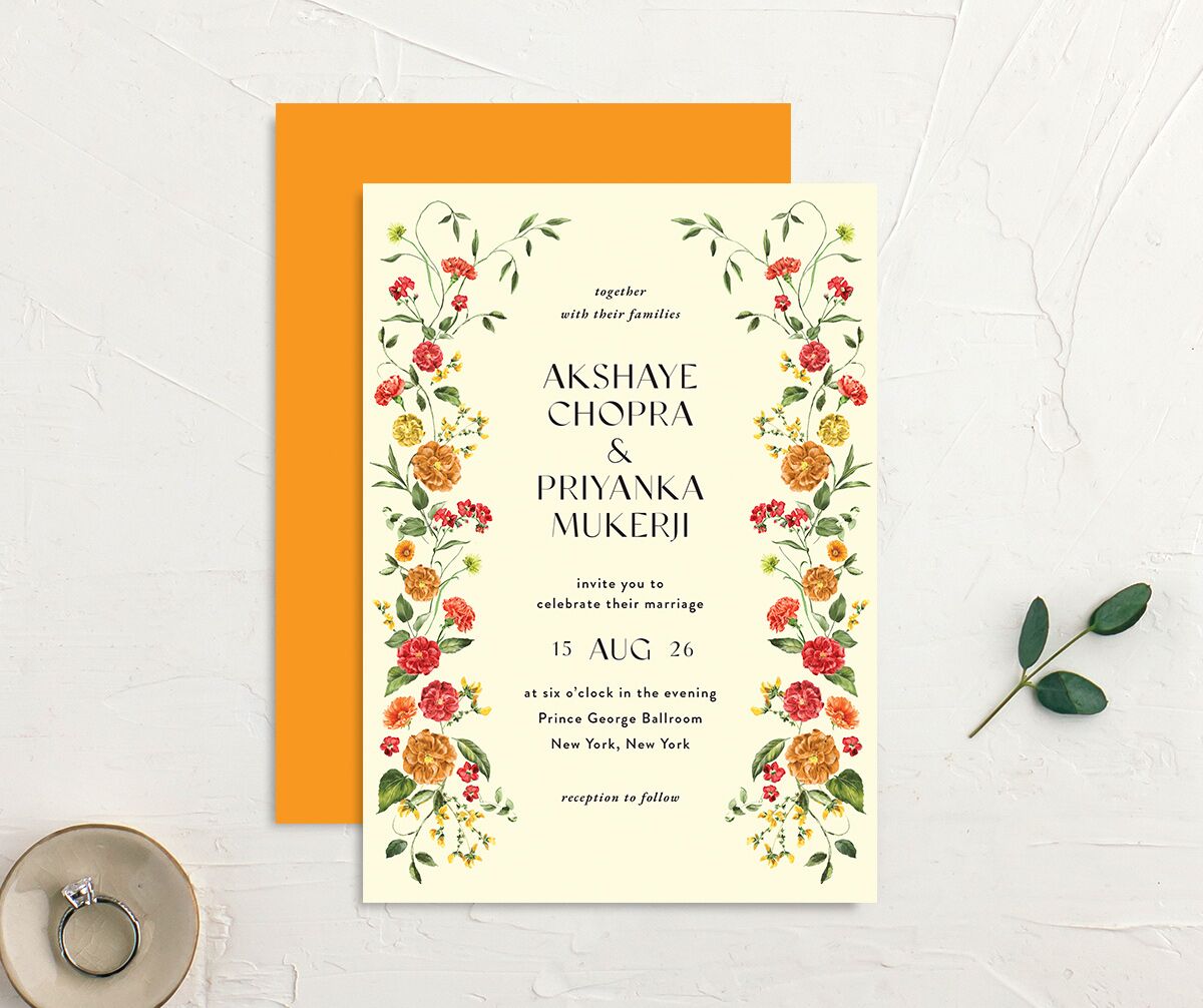 Ascending Garland Wedding Invitations front-and-back in yellow