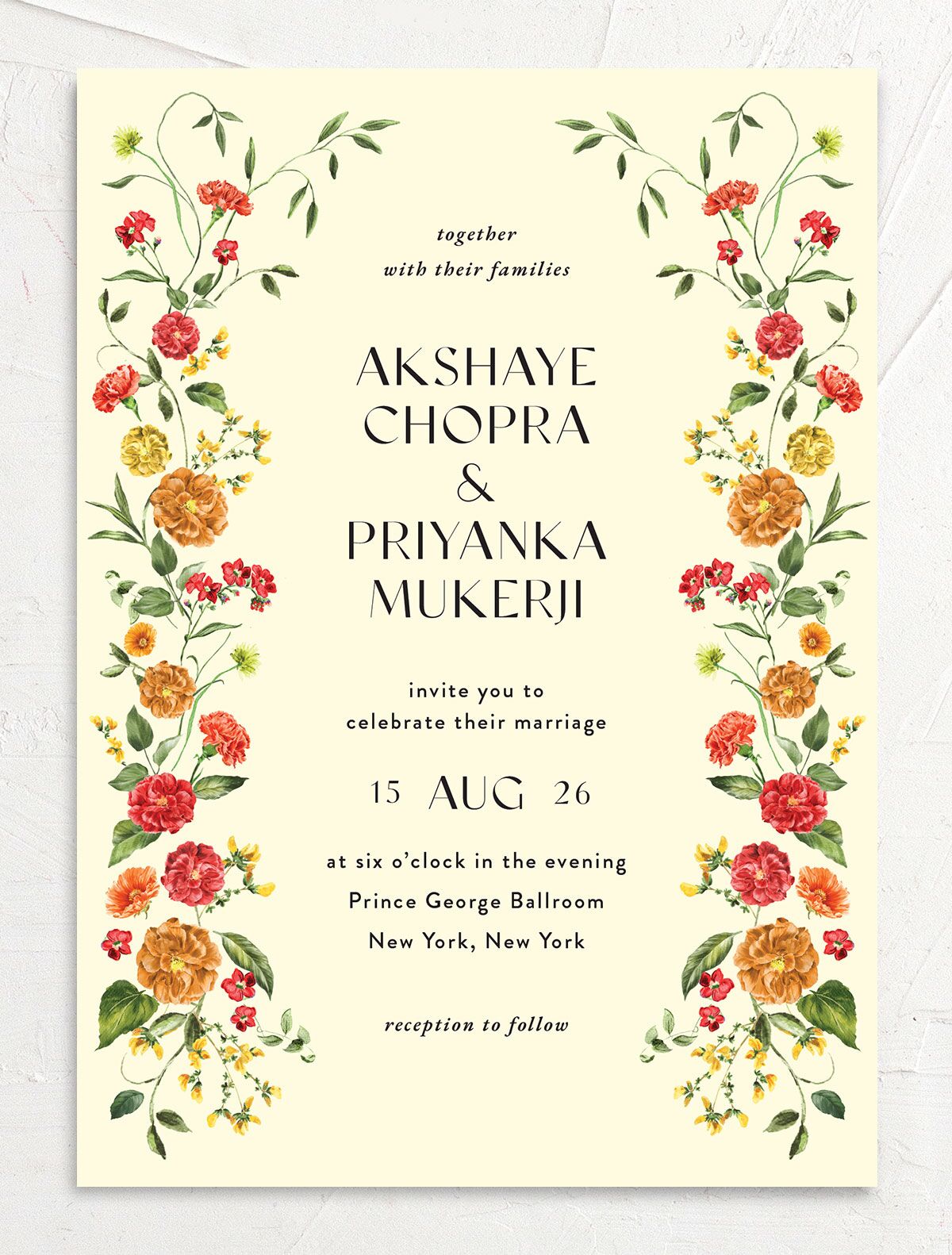 Ascending Garland Wedding Invitations front in yellow