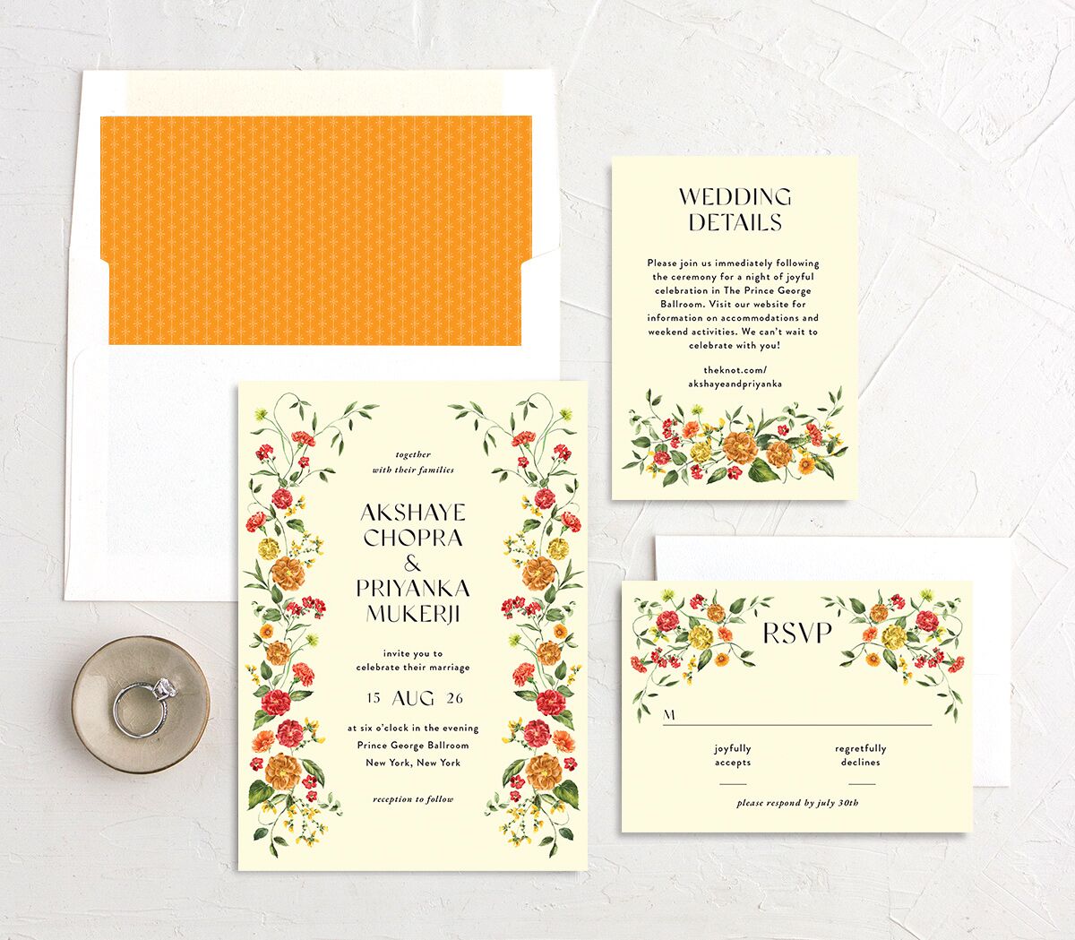 Ascending Garland Wedding Invitations suite in yellow