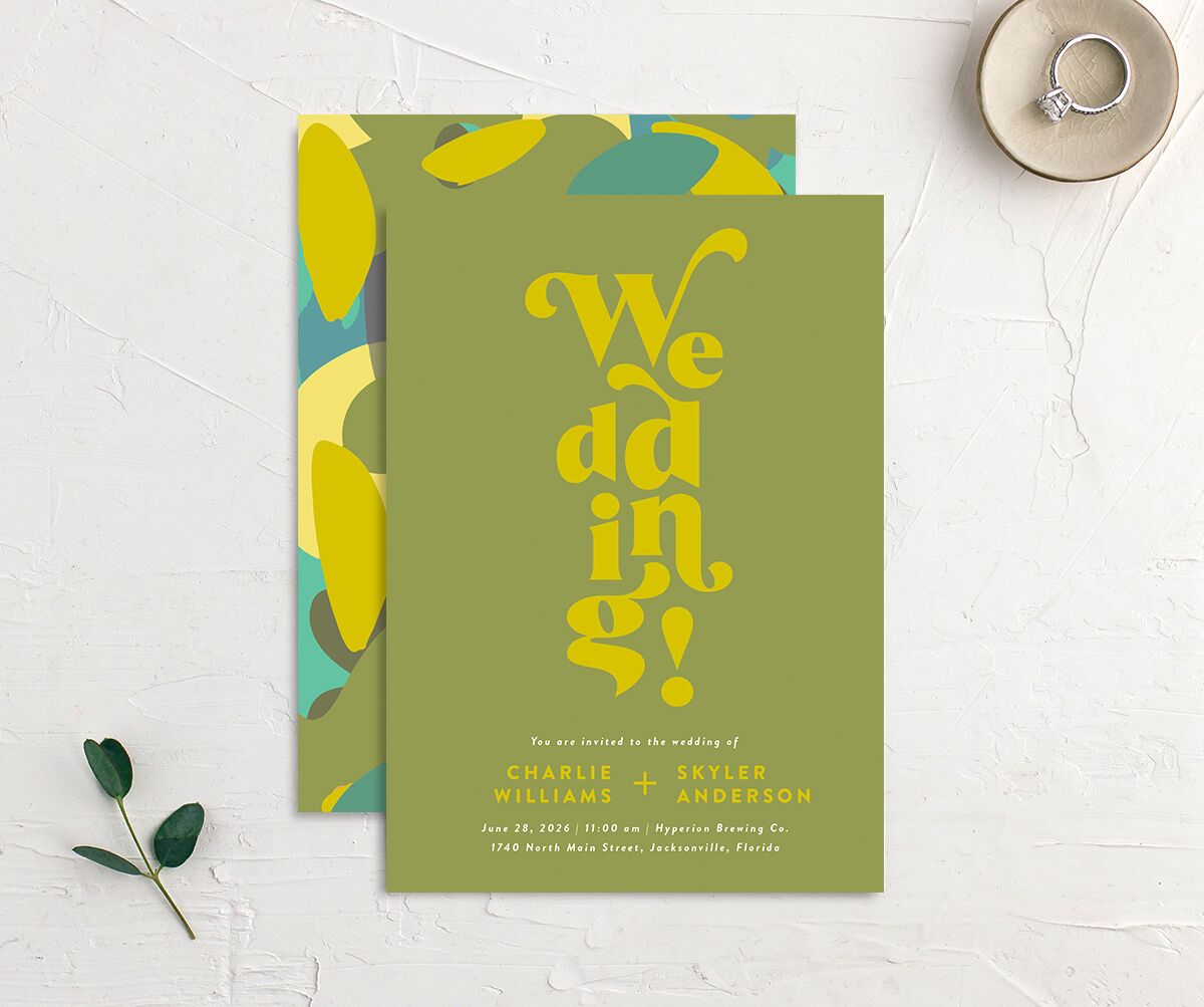 Retro Stack Wedding Invitations front-and-back in green