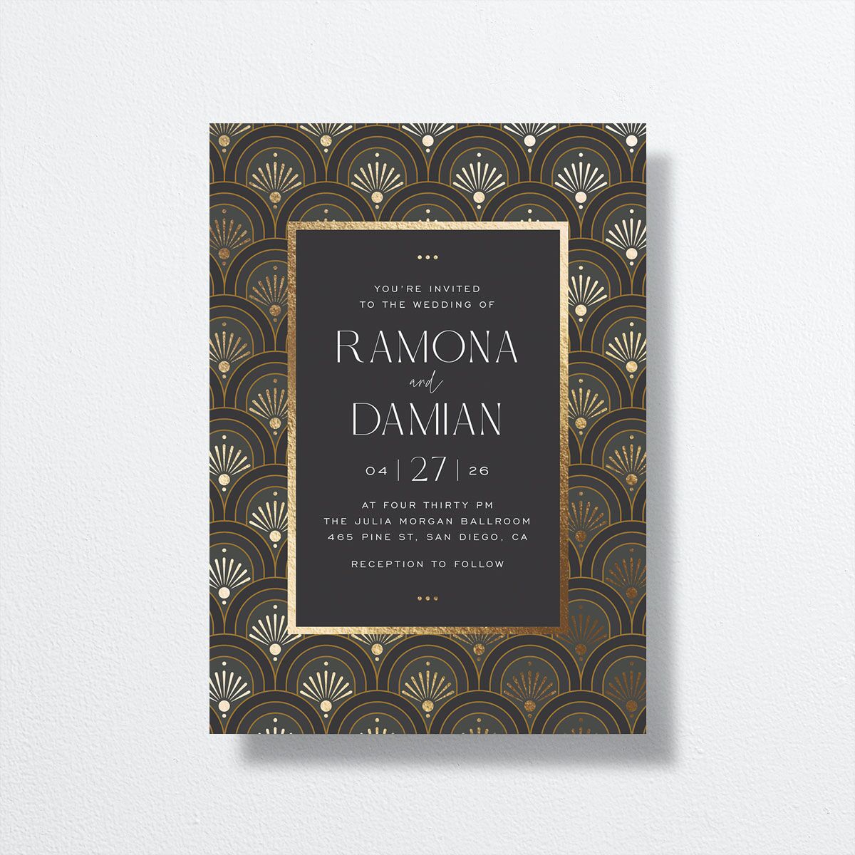 Modern Deco Wedding Invitations Gold Charcoal Signature No