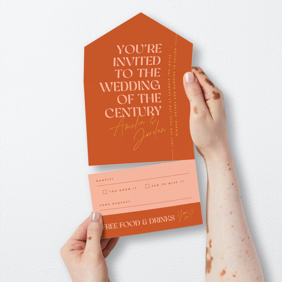 Wedding Of The Century All-in-One Wedding Invitations Burnt Orange Signature Light Both Recipient and Return Addresses No