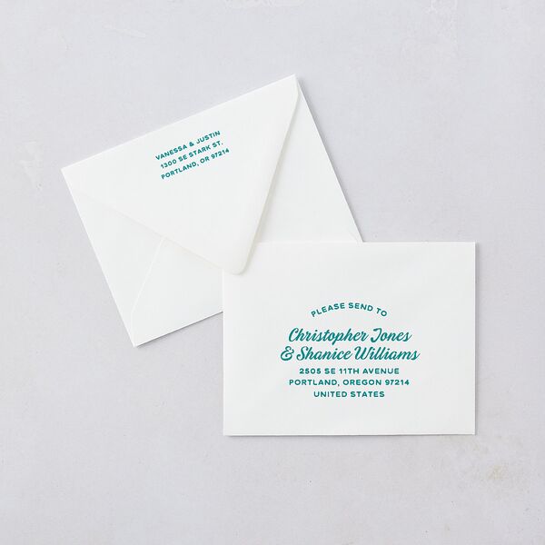 Illustrated Retro Coastal Beach Save the Date Magnet Euro Envelopes White Turquoise Both Recipient and Return Addresses Luxe Signature