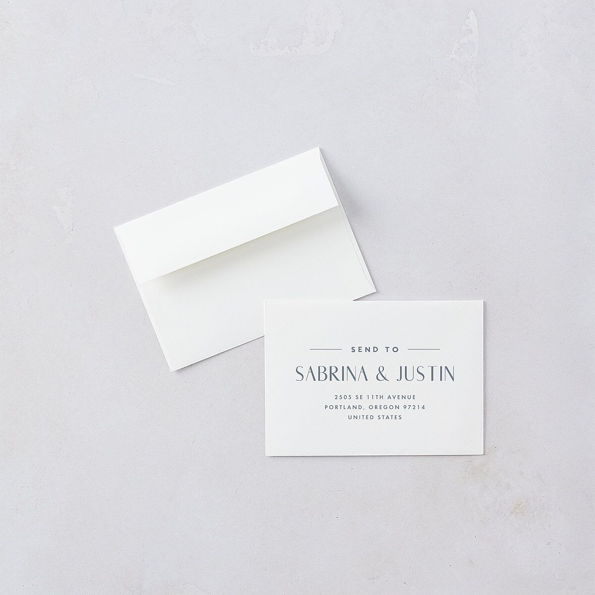 Destination Photo Poster Response Card Envelopes Dusty Blue White Return Address Signature Standard