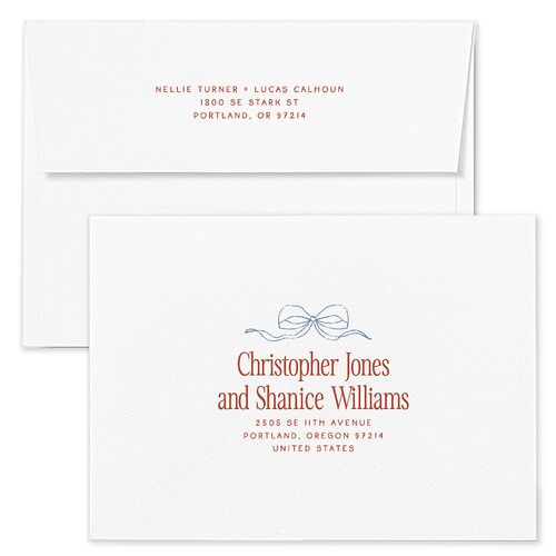 Modern Delicate Bows Save The Date Card Envelopes Jewel Red White Both Recipient and Return Addresses Signature Standard