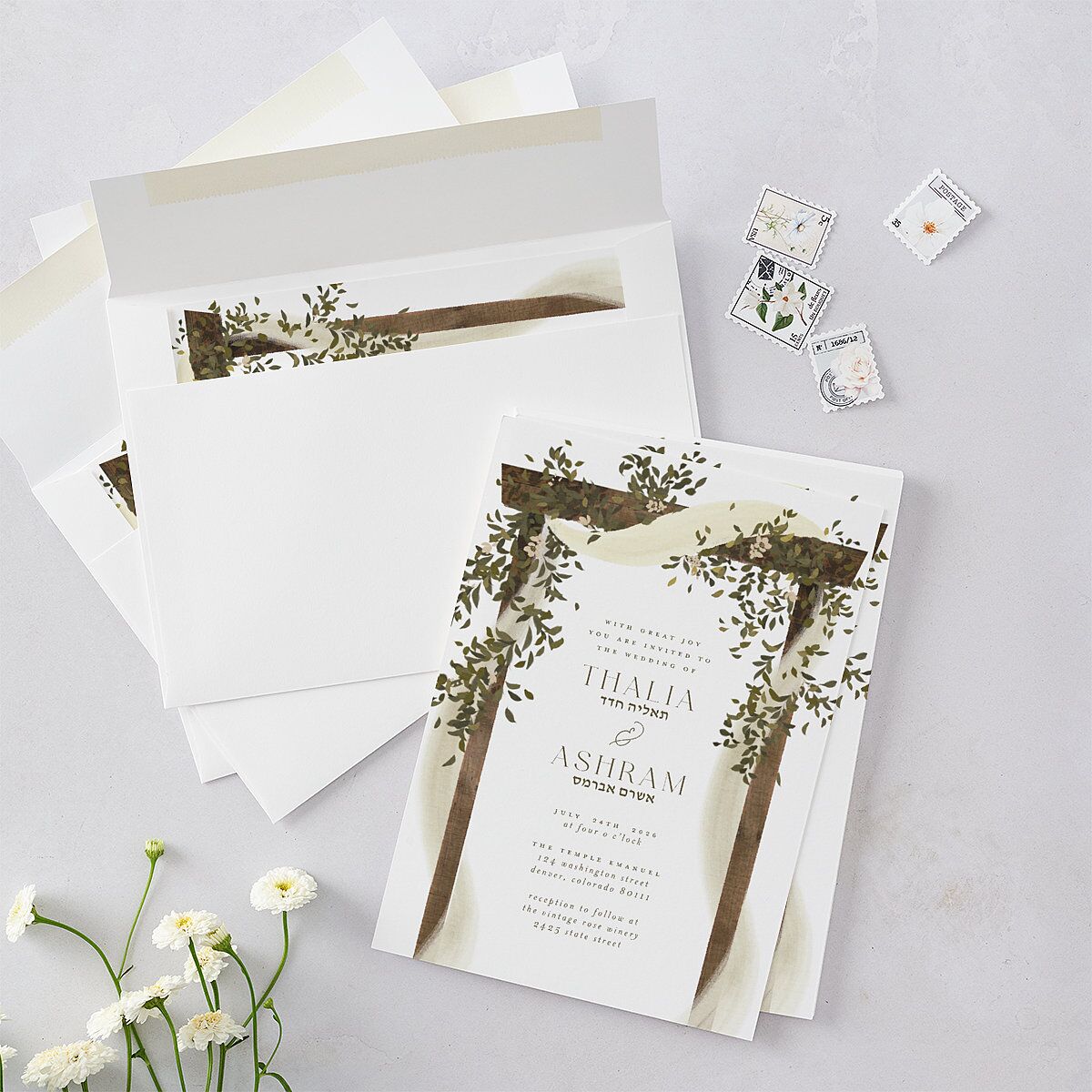 Graceful Chuppah Wedding Invitations Pure White Signature Blank No Standard