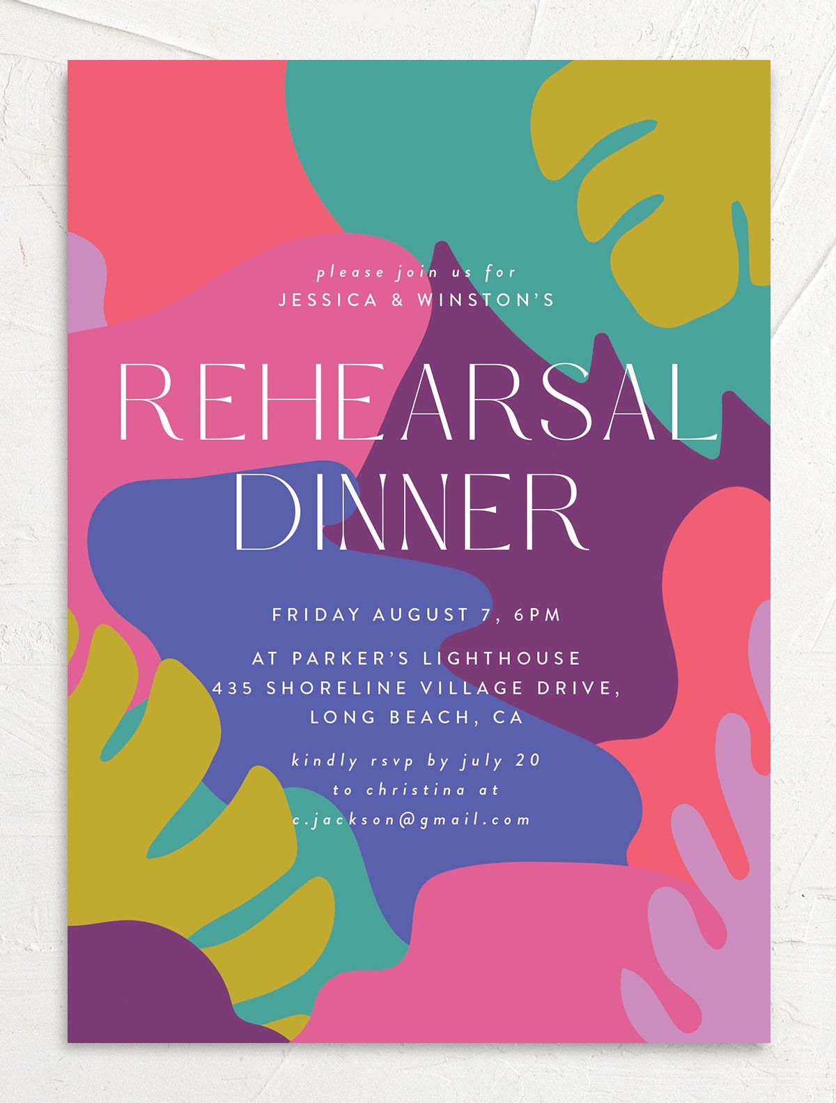 Tropical Shapes Rehearsal Dinner Invitations front in Teal