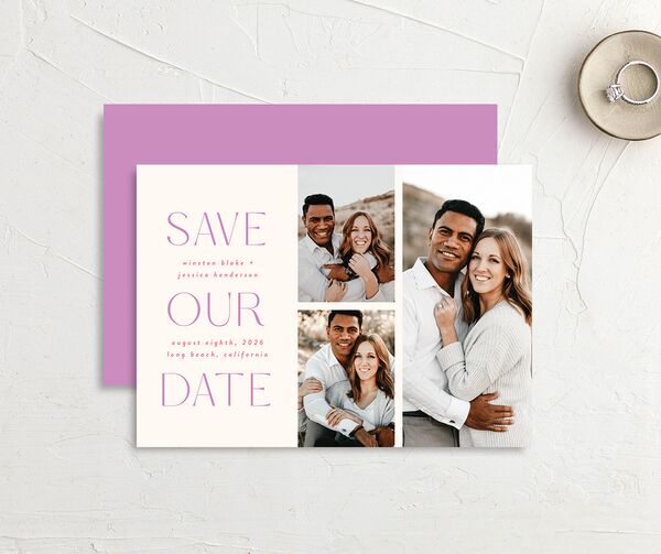 Tropical Shapes Save The Date Cards front-and-back in Teal