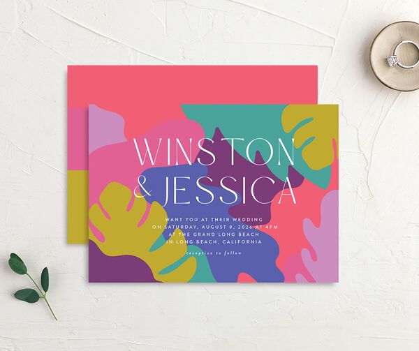 Tropical Shapes Wedding Invitations front-and-back in Teal