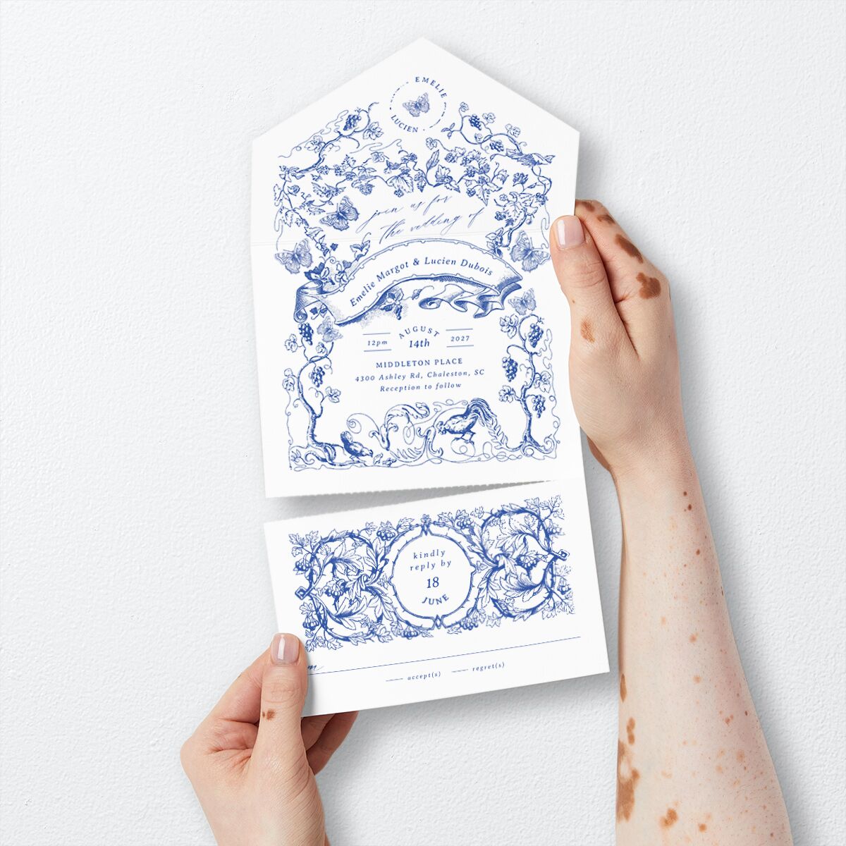 Vintage Toile All-in-One Wedding Invitations Sapphire Signature Light Both Recipient and Return Addresses No