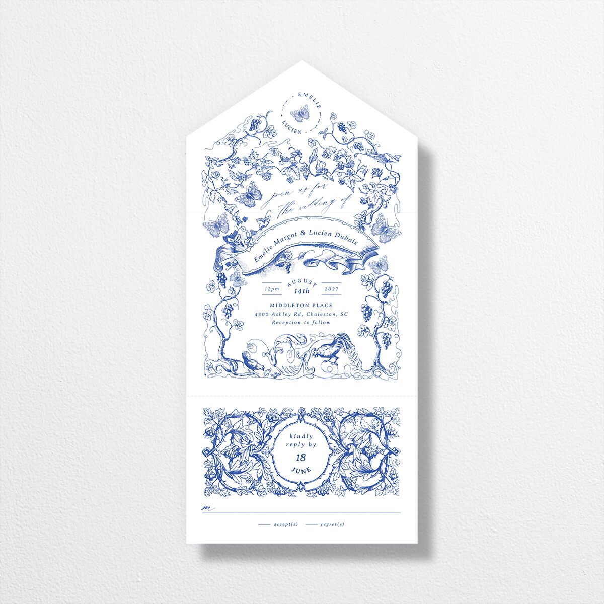 Vintage Toile All-in-One Wedding Invitations Sapphire Signature Light Both Recipient and Return Addresses No