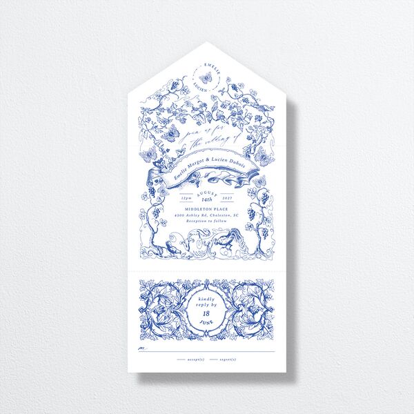 Vintage Toile All-in-One Wedding Invitations Sapphire Signature Light Both Recipient and Return Addresses No