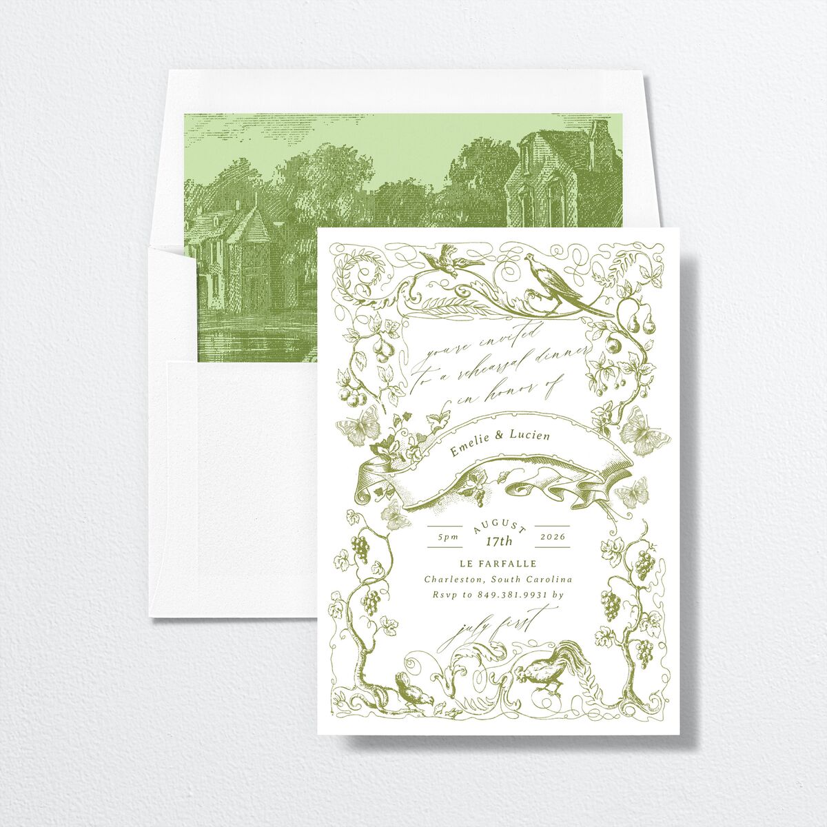 Vintage Toile Rehearsal Dinner Invitations envelope-and-liner