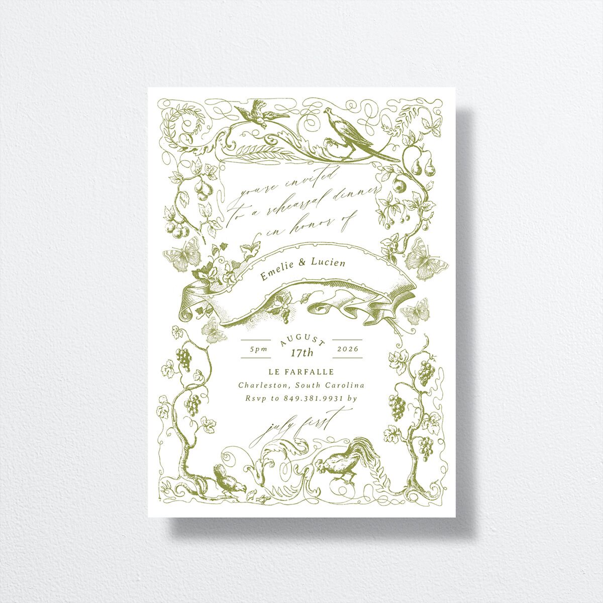 Vintage Toile Rehearsal Dinner Invitations front