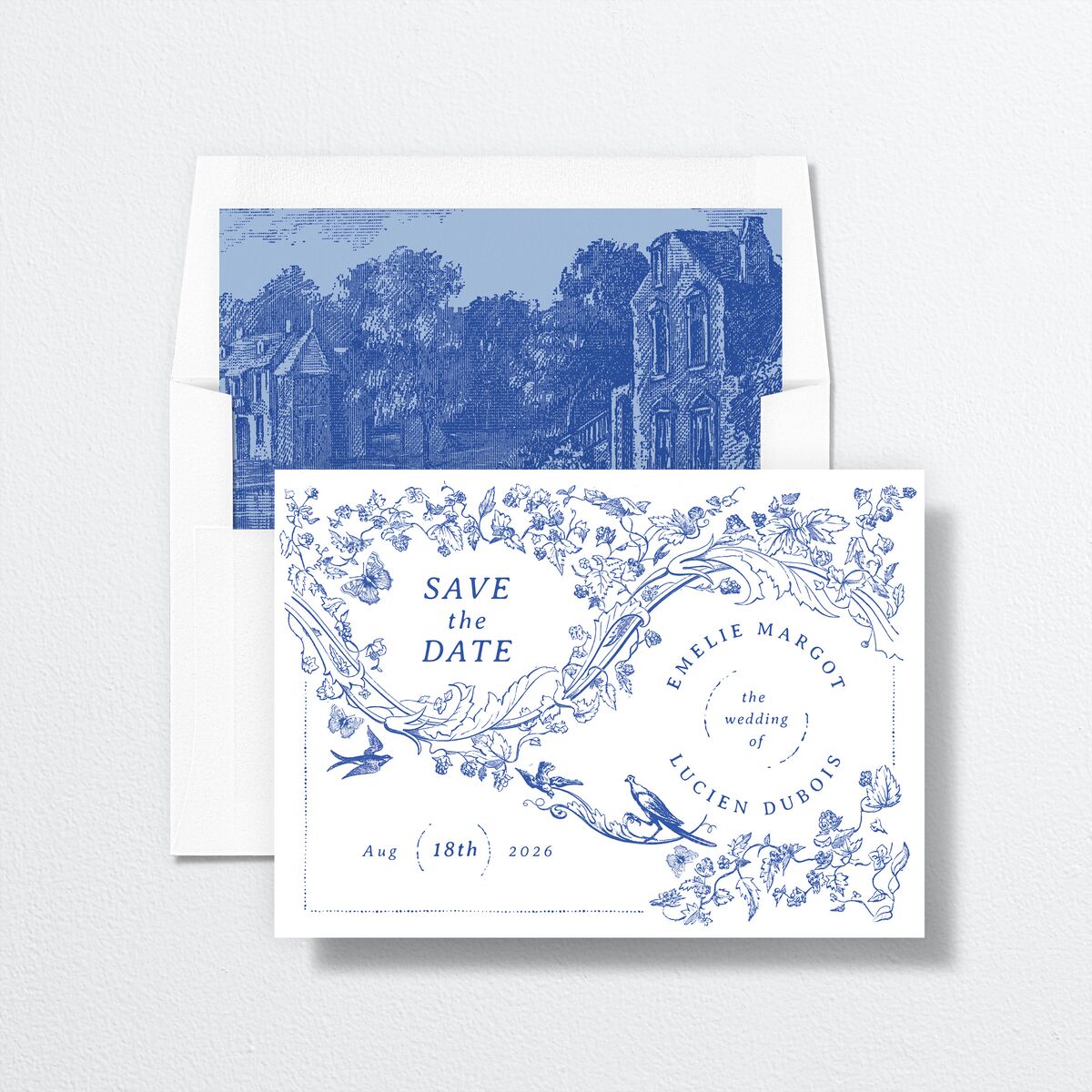 Vintage Toile Save The Date Cards envelope-and-liner in Blue