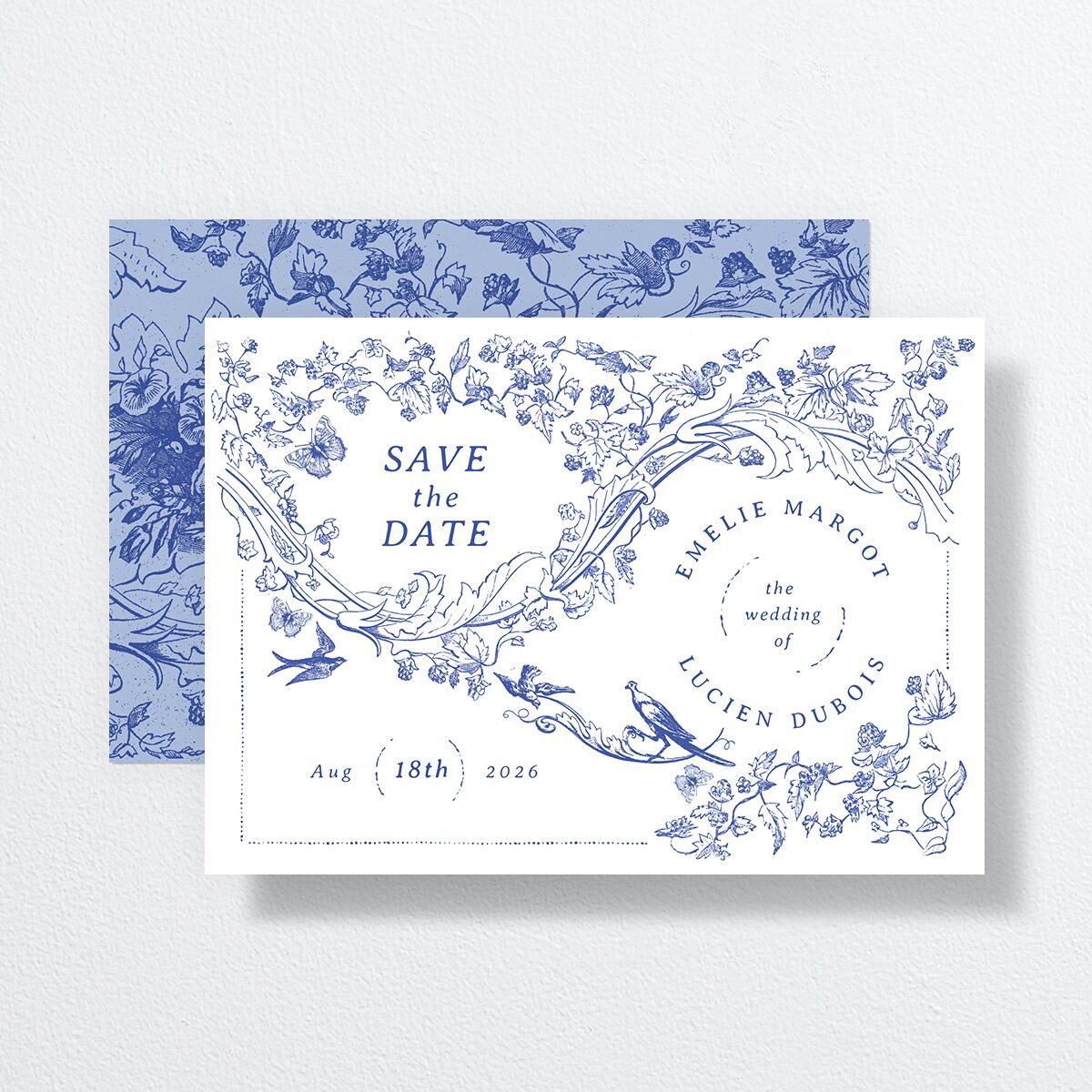 Vintage Toile Save The Date Cards front-and-back in Blue