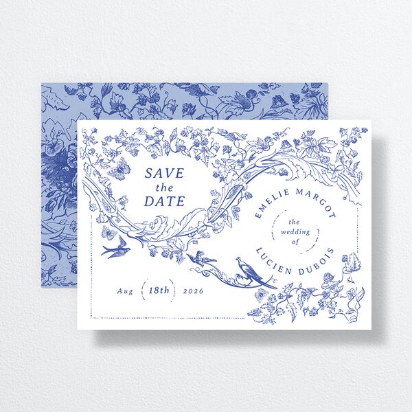 Vintage Toile Save The Date Cards front-and-back in Blue