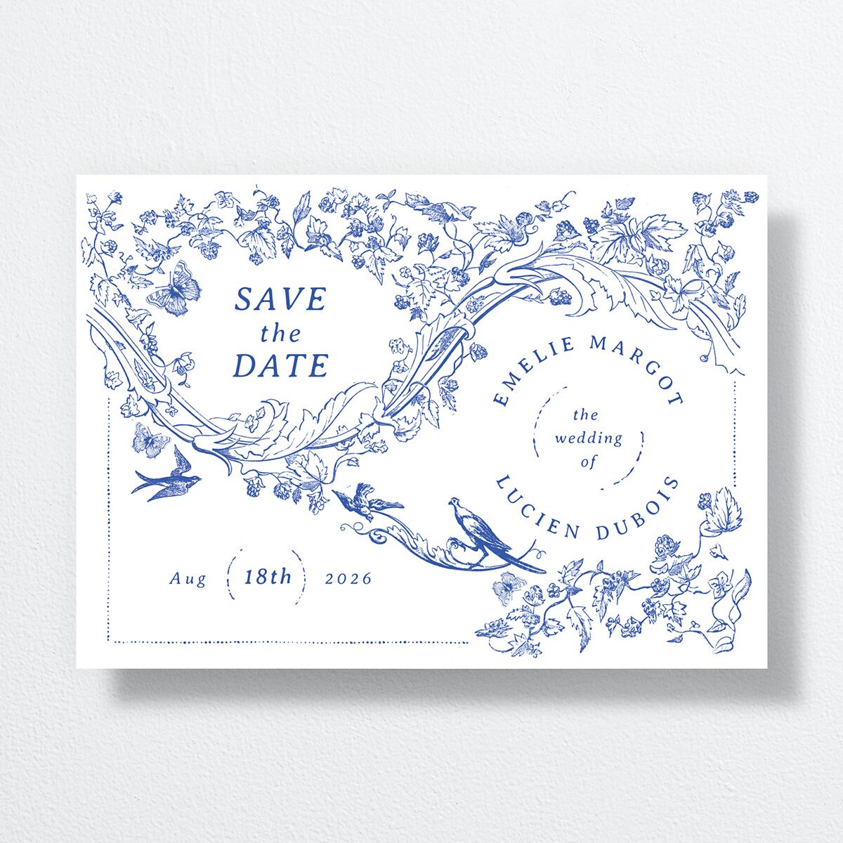 Vintage Toile Save The Date Cards front in Blue