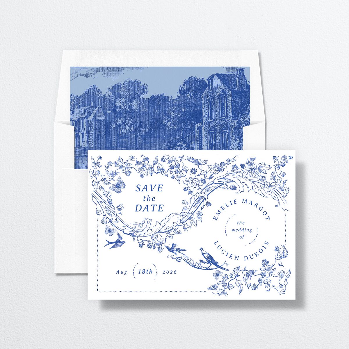 Vintage Toile Save The Date Cards Sapphire Signature smooth No Standard