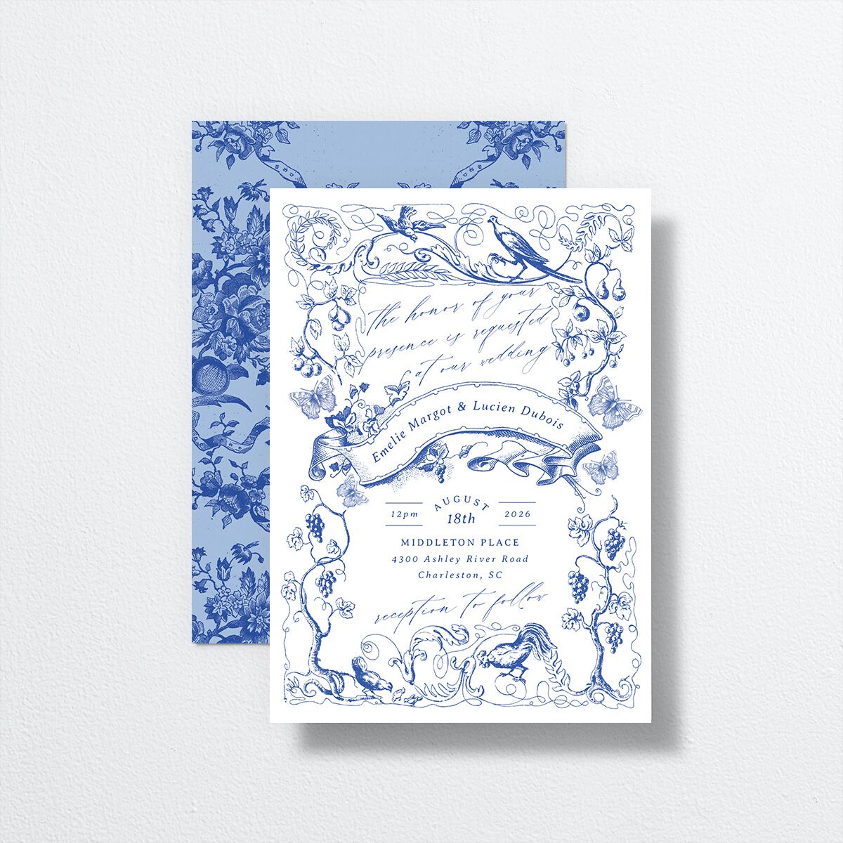 Vintage Toile Wedding Invitations front-and-back in blue