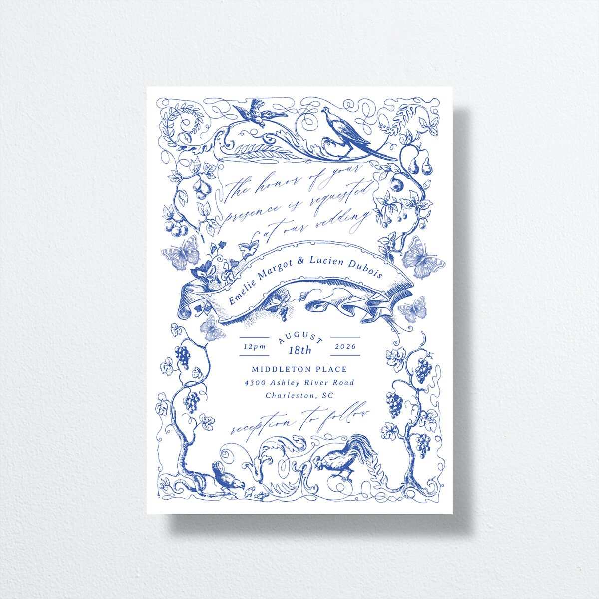 Vintage Toile Wedding Invitations front in blue