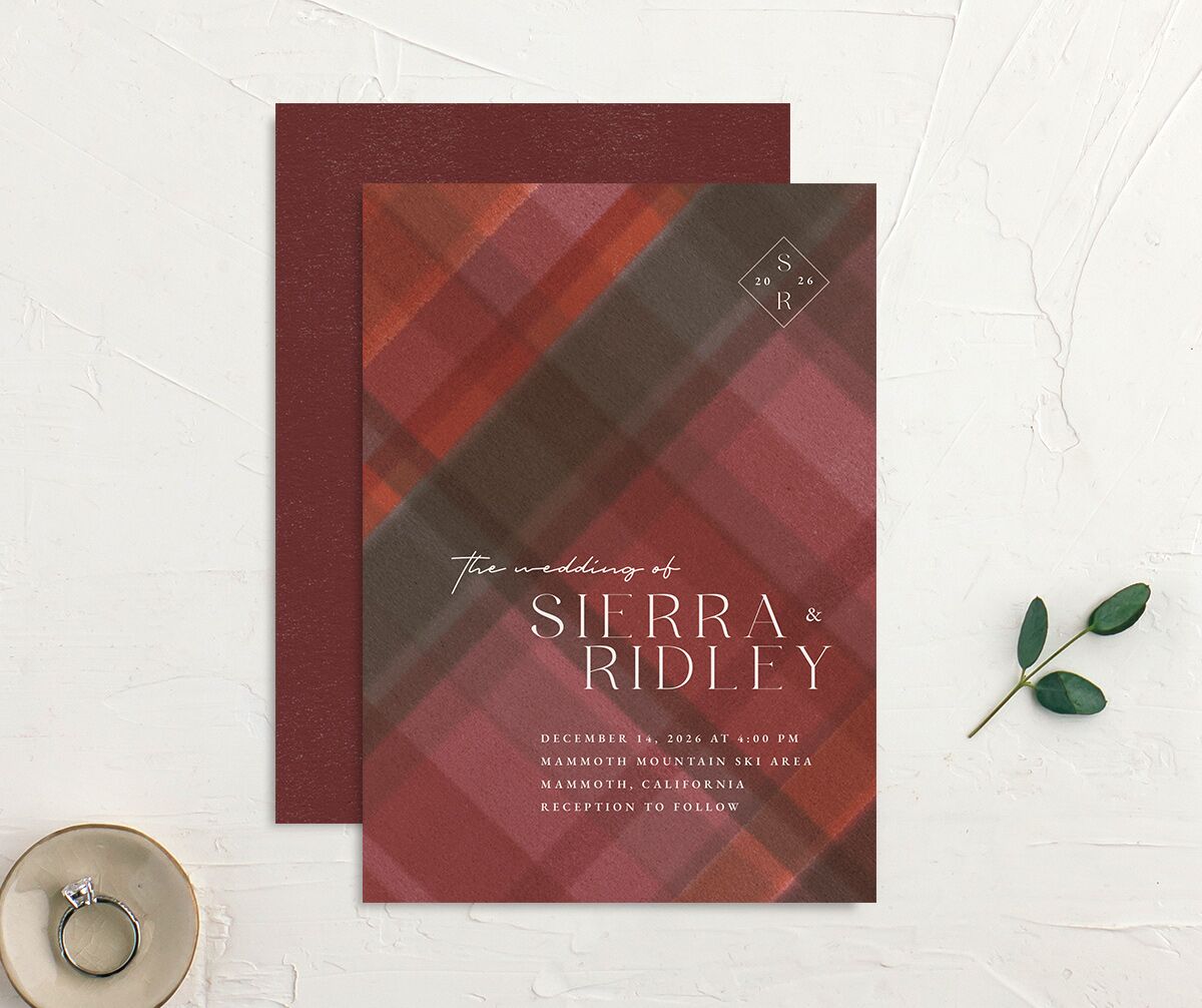 Forest Flannel Wedding Invitations front-and-back in red