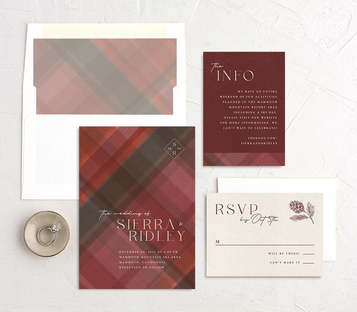 Forest Flannel Wedding Invitations suite in red