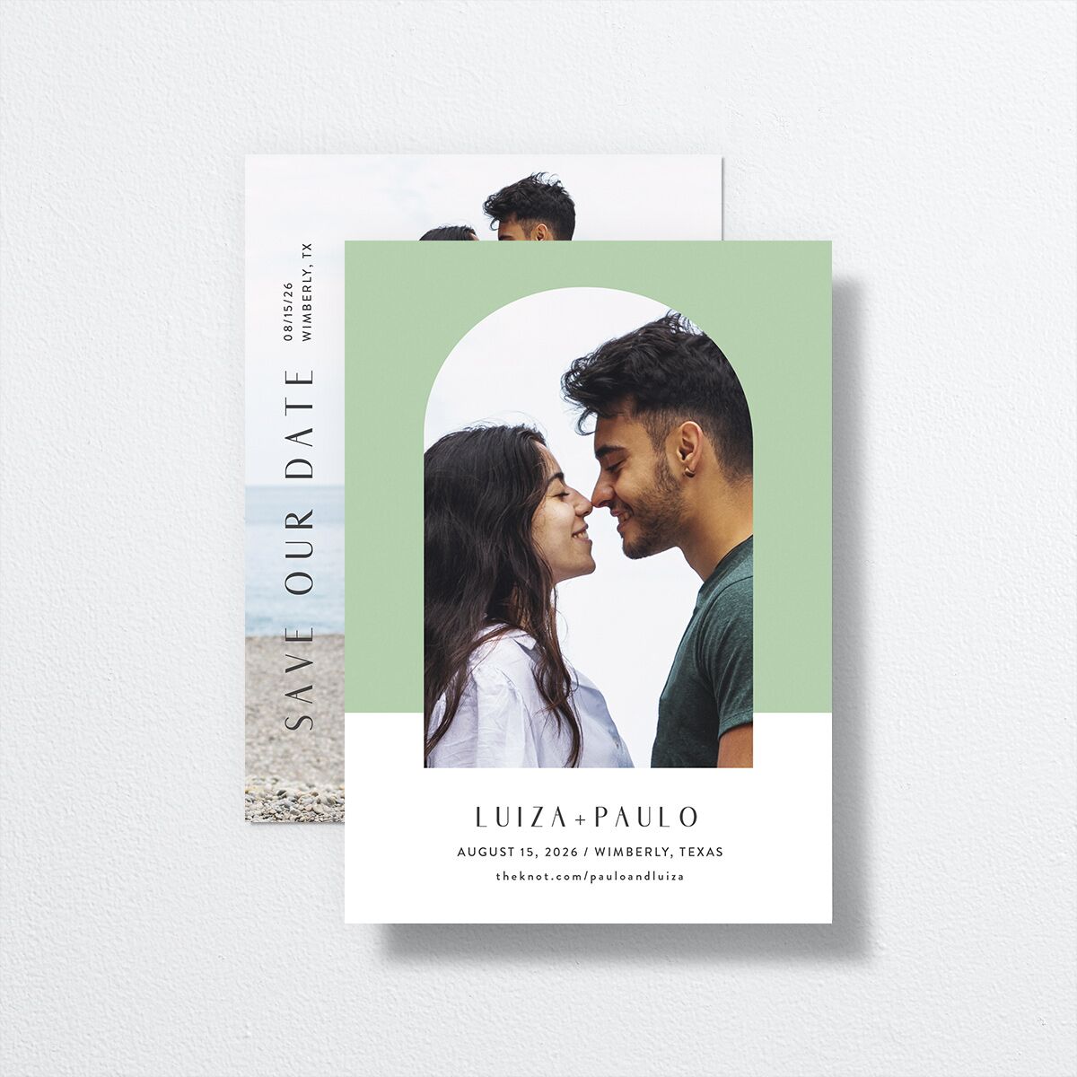 Vibrant Rio Save The Date Cards front-and-back in teal