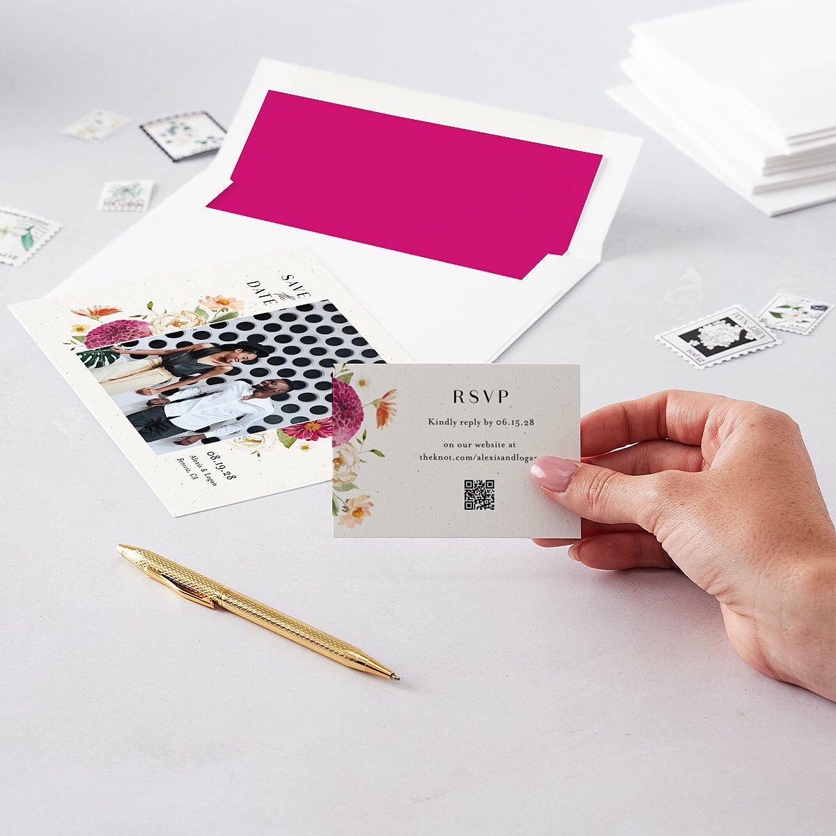 Blooming Dahlias QR Code RSVP Cards Hot Pink Signature Standard