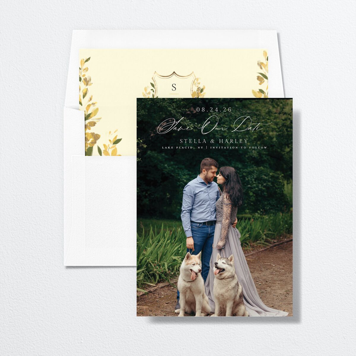 Delphinium Crest Save the Date Cards Daffodil Signature smooth No
