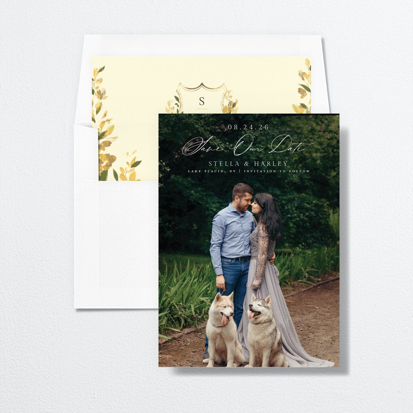 Delphinium Crest Save the Date Cards envelope-and-liner in yellow