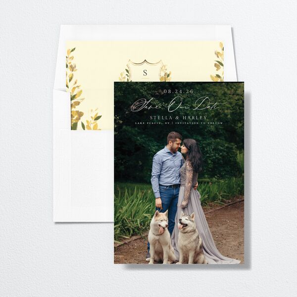 Delphinium Crest Save the Date Cards Daffodil Signature smooth No