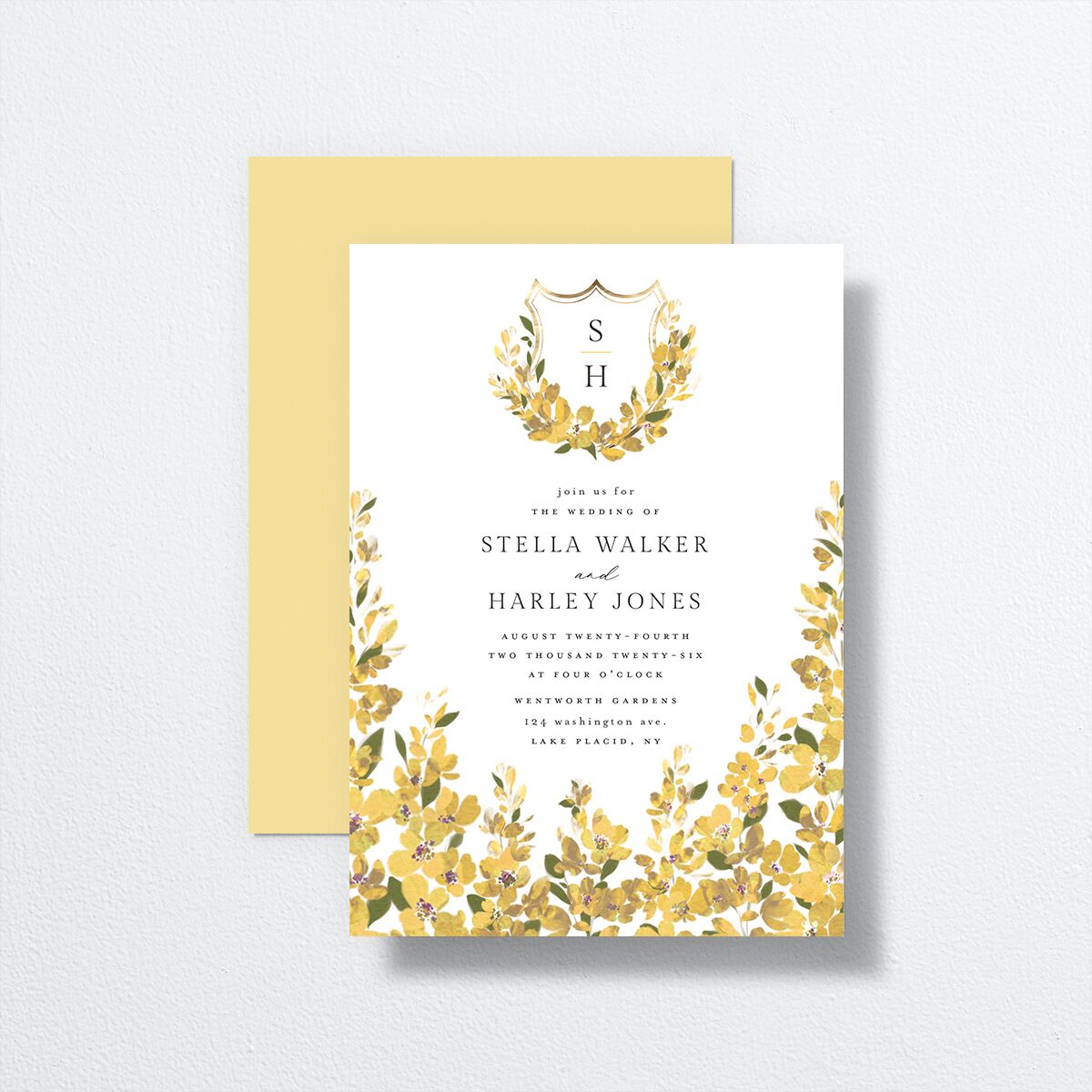 Delphinium Crest Wedding Invitations front-and-back in yellow
