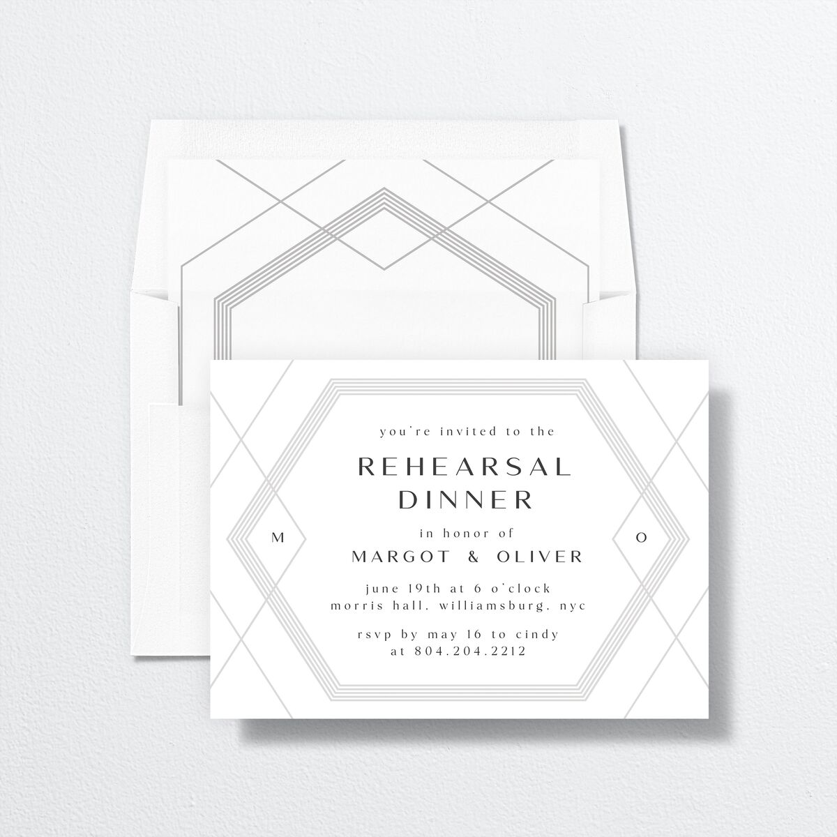 Geometric Elegance Rehearsal Dinner Invitations envelope-and-liner